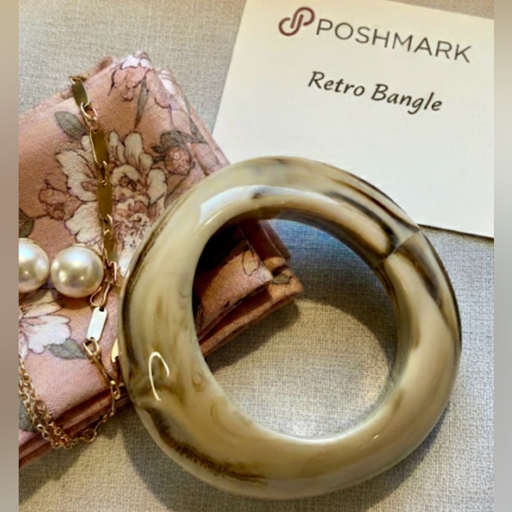 Retro Cream & Brown Swirl Marbled Wide Bangle Bracelet - Modernist Statement